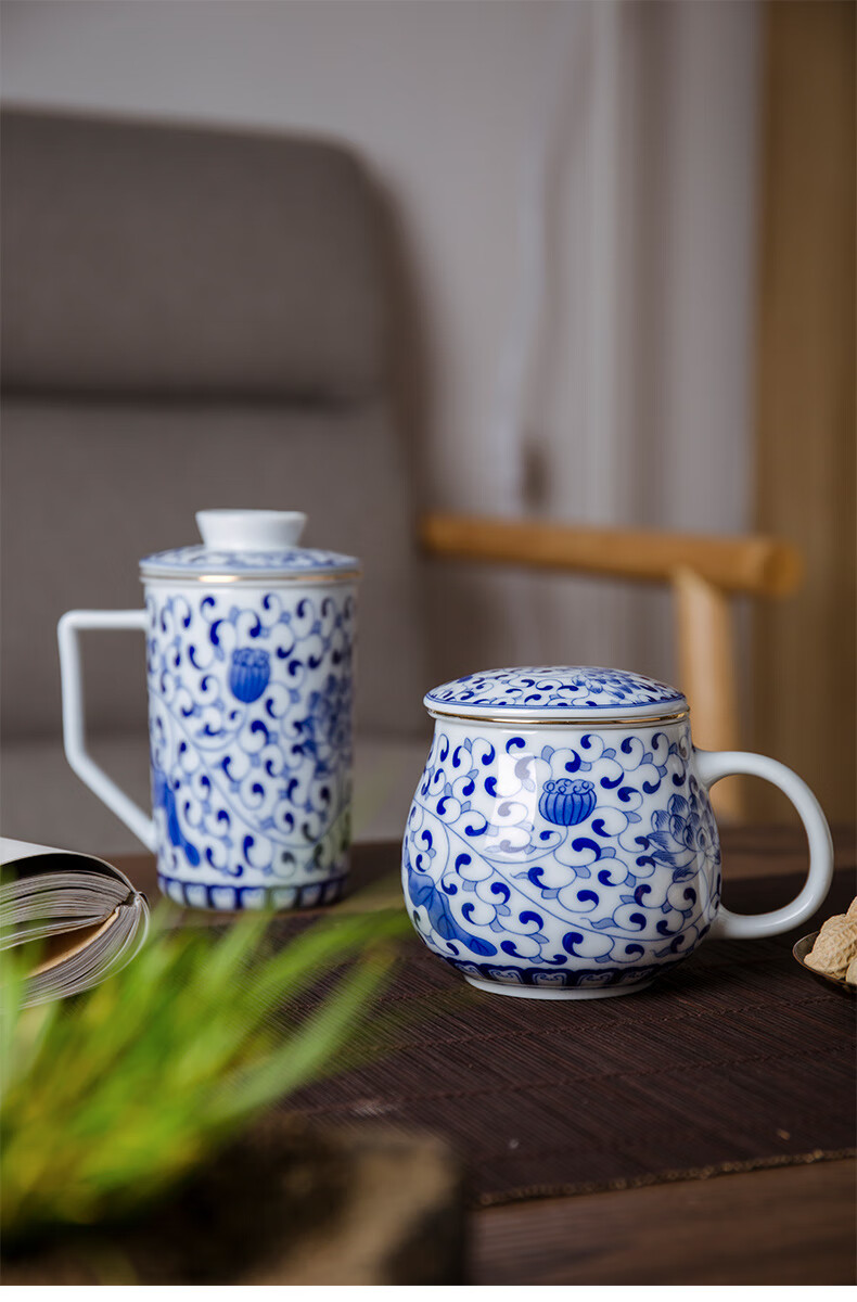 古笙记 景德镇青花瓷茶杯带盖陶瓷家用水杯主人杯办公杯带过滤釉下彩
