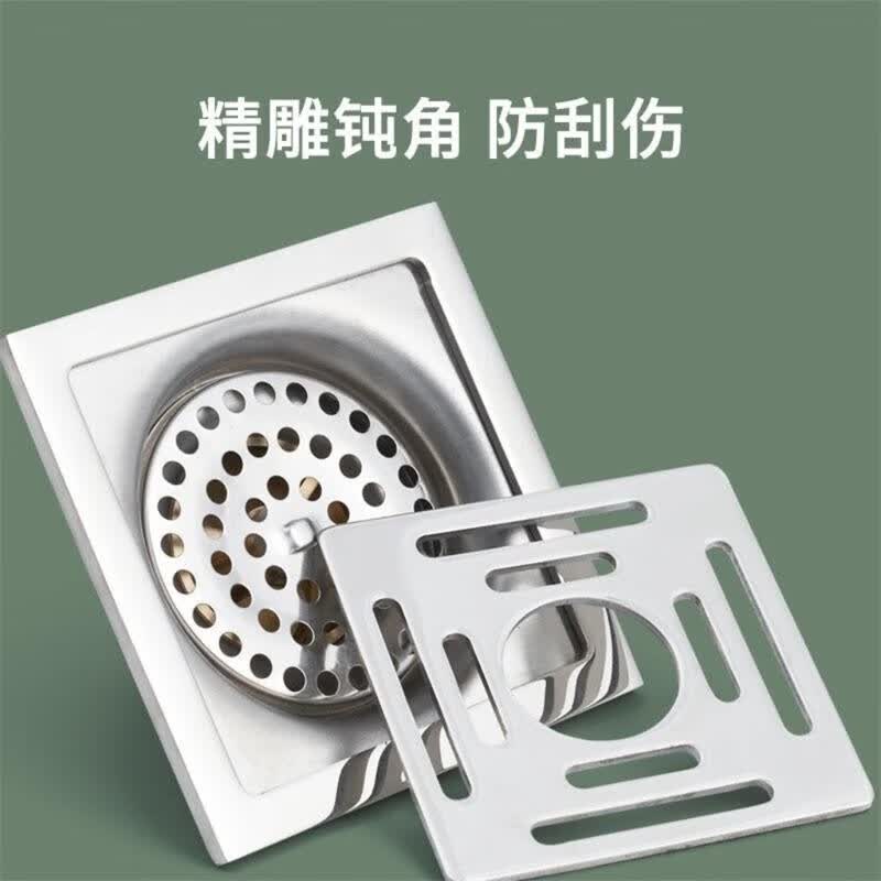 Stainless steel 10 × 10cm copper self sealing floor drain, stainless steel floor drain, 304 steel household gravity self sealing kitchen and bathroom odor proof drainage floor drain, square thickness engineering, 6cm self sealing