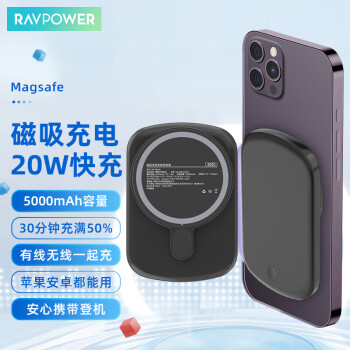 睿能宝（RAVPower）苹果磁吸充电宝5000毫安时MagSafe快充20W移动电源外接背夹电池iPhone12/13/14Pro