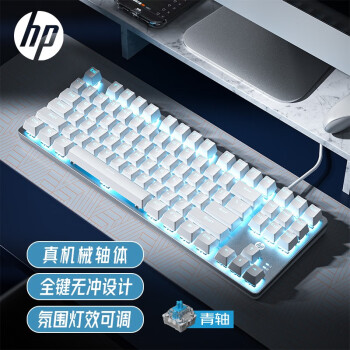 惠普（HP）GK200机械键盘有线办公游戏键盘 20种背光灯效 87键电竞键盘鼠标套装电脑外设键鼠 皎月白【青轴】冰蓝光