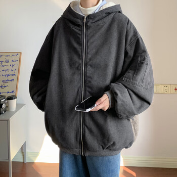 华天牧胖子大码美式工装大码棉衣男冬季加绒加厚羊羔毛连帽外套宽松纯色 黑色 M 建议80-105斤可穿