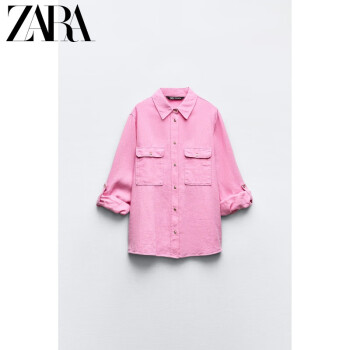 ZARA新款 女装 卷袖亚麻混纺衬衫 2308709 645 中粉红色 XS (160/80A)