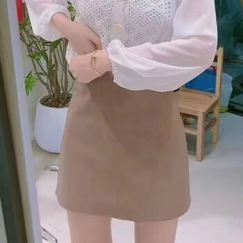 泰载百搭小皮裙时尚简约半身裙简约高腰显瘦A字裙女白领气质小黑裙 卡其色 S 80-斤