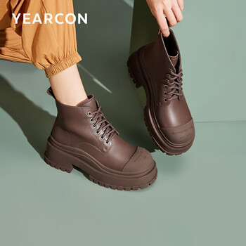 意尔康女靴 马丁靴女2023冬季新款英伦风真皮系带粗跟女短靴通勤瘦瘦靴 咖啡 35