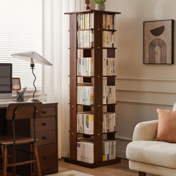 家逸（JIAYI）实木可移动旋转书架多层落地书架带轮立式学生书架客厅转角置物架 六层胡桃色