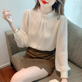 秋水伊人2024年春季新款女装韩版百搭长袖雪纺衬衫女时尚洋气上衣气质小衫 米白色 S80-95斤