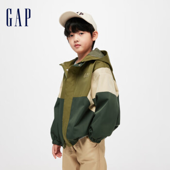 Gap男童春季2024新款LOGO撞色拼接连帽外套儿童装890196夹克 深绿色 130cm(S)亚洲尺码
