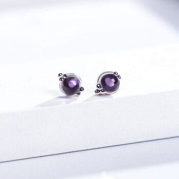 石头记（istone）合成紫水晶耳钉小圆珠S925银配饰耳环节日礼物