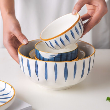 川岛屋青禾日式碗家用单个沙拉碗吃饭碗泡面碗带盖大汤碗陶瓷餐具 蓝线6寸面碗