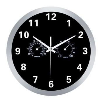 纯灿客厅挂壁钟Riyue钟表挂钟客厅时钟温湿度电子钟圆形创意中式 金属银框黑面 710#时分251#秒 白 10英寸直径25.5厘米