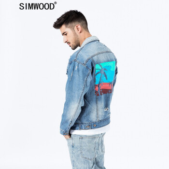 Simwood简木男装2021春季新款后背艺术印花破洞刮烂牛仔夹克男潮190040 蓝色 180/XL