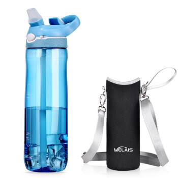 玫莱斯Melais防漏大容量运动水杯女吸管杯成人孕妇户外健身杯子塑料水杯 750ML蓝色+杯套（可挎背）