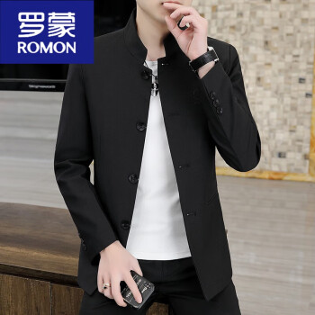 罗蒙（ROMON）春秋季薄款中山装立领夹克男潮流韩版修身帅气青年西服外套 黑色 XL