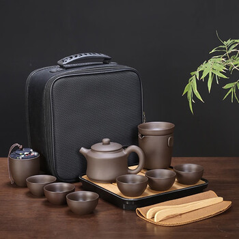 莜芫莜芫大容量紫砂壶功夫旅行茶具套装带茶盘便携包功夫泡茶器定LOGO 官方标配无刻字 紫砂中正壶黑包加茶盘套装