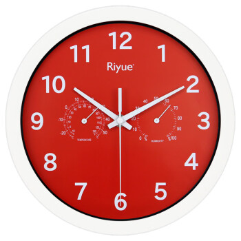 纯灿客厅挂壁钟Riyue钟表挂钟客厅时钟温湿度电子钟圆形创意中式 塑白框红面 710#时分251#秒 白针 10英寸直径25.5厘米