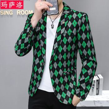 玛萨洛（MASALUO）春夏季薄款西服男士格子外套韩版修身潮流帅气单件上衣休闲小西装 绿色 165/M