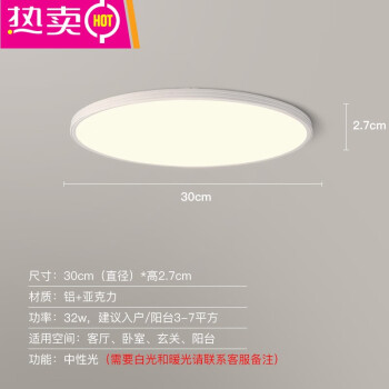 PDQ设计师的灯现代简约超薄卧室书房灯极简智能圆形客厅护眼灯具的 【高显指】白色30CM-中性光