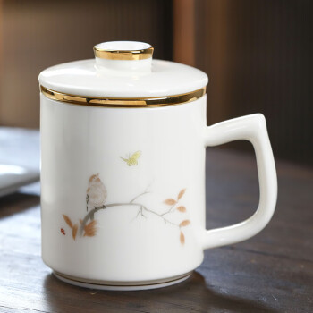 玉蝶景德镇茶杯陶瓷茶水分离泡茶杯带盖家用大容量简约个人礼品杯礼盒 鸟语花香（带礼盒）