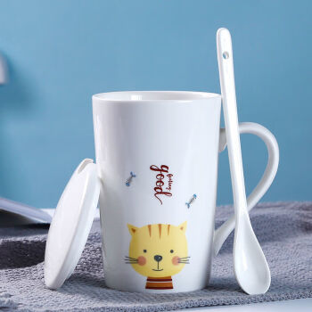 马克杯韩匠可爱动物陶瓷杯子简约情侣杯带盖勺咖啡杯400毫升 黄猫-配盖陶瓷勺