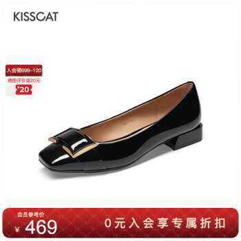 KISSCAT接吻貓女鞋淺口船鞋新年款低跟舒適通勤小皮鞋女士單鞋KA43521-11 黑色 34