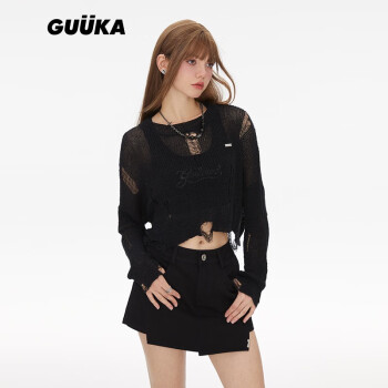 古由卡（GUUKA）潮牌轻薄透气罩衫女2023春季新款破洞针织衫短款金属贴标休闲外套 黑色 S
