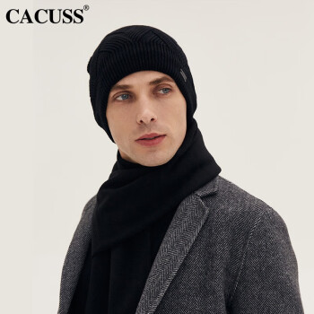 CACUSS纯羊毛帽子男冬毛线帽针织套头帽双层加厚保暖Z0326 黑色