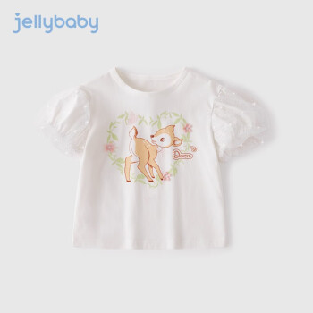 JELLYBABY宝宝薄款上衣泡泡袖儿童公主风夏装女童短袖t恤 米白图案1 90cm