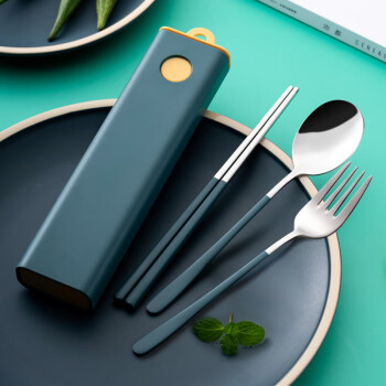 onlycook 便携餐具筷子勺子304不锈钢两件套 学生餐具套装 撞色黄绿三件套