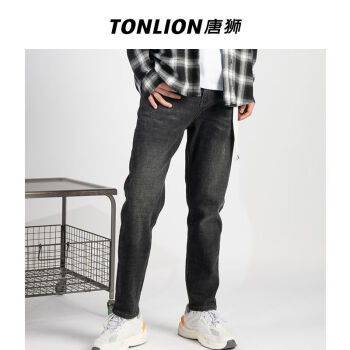 唐狮（TonLion）2022秋季新款牛仔裤男直筒休闲长裤宽松修深色身小脚裤口袋 碳黑 27