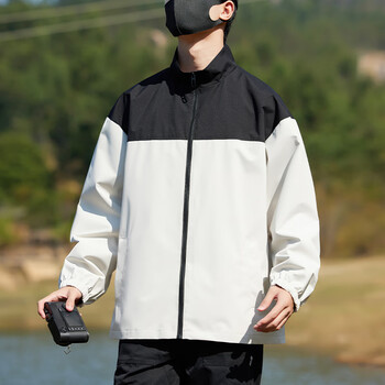 吉普盾（JPDUN）2024春秋季时尚潮牌撞色款立领夹克男士宽松版百搭色系冲锋衣外套 杏色 S