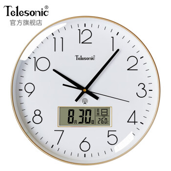 天王星（Telesonic）挂钟客厅钟表简约家用自动对时钟万年历温度挂表挂墙免打孔电波钟