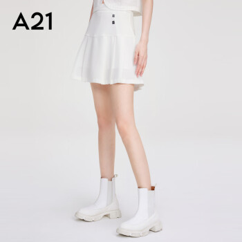 A21新款女夏装学院风A字裙高腰纯色百褶裙短女气质显瘦半身裙 米白 M