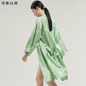 繡娘絲綢真絲睡袍100%桑蠶絲女士睡衣家居服簡約印花係帶睡衣幸運有你 淺綠色 160/M