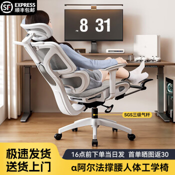 椅品汇（yipinhui）人体工学椅子护腰电竞椅电脑椅家用舒适久坐人工力学可躺办公座椅 极白-镂空坐垫-搁脚-3级气杆 可旋转可升降扶手 铝合金脚