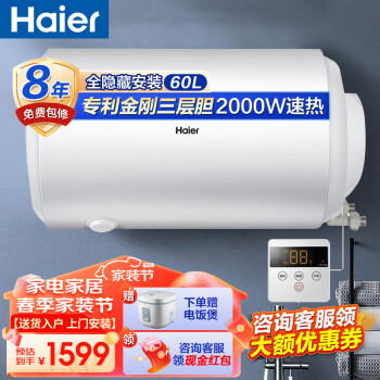 海尔（Haier）电热水器线控版全隐藏省空间储水式水箱40升50升60升家用热水器速热定时预约洗浴 60L 隐藏式安装L5(ET)