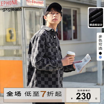 gxg.jeans男装2024年春季新款翻领长袖衬衣棋盘格牛仔衬衫 黑色 175/L