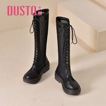大东（dusto）白色大筒围骑士靴女厚底网纱夏季镂空长靴粗腿网面高筒靴凉靴 黑色 35