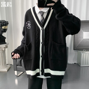 GQWWQX毛衣男日系慵懒风设计感上衣dk针织开衫炸街情侣外套黑暗系男装 M01黑色 M
