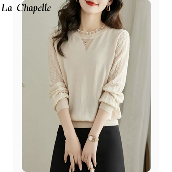 拉夏贝尔（La Chapelle） 女士T恤内搭打底衫春秋装2023新款短款小衫减龄洋气蕾丝长袖上衣 米色 L