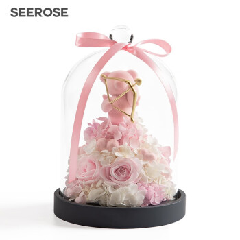 西罗斯（SEEROSE）永生花丘比特保鲜玫瑰花束熊520情人节送女生朋友表白生日礼物 丘比特熊-粉色(支持代写贺卡)