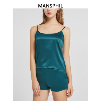 蔓斯菲爾春夏新品22姆米桑蠶絲吊帶 兩件套 舒適性感簡約蠶絲睡衣女 墨綠色 S