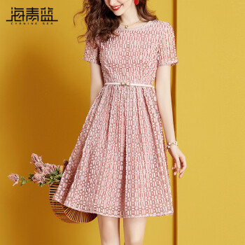 海青蓝（CYANINE SEA）温柔风优雅连衣裙女夏装时尚设计感小众皱褶立体感短袖裙子 粉红色 XL
