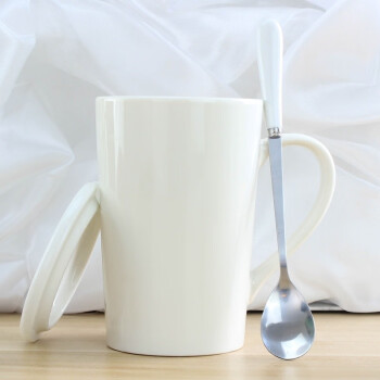 创意个性杯子陶瓷杯带盖勺情侣喝水杯男生办公室大容量咖啡杯 纯白杯子配勺盖