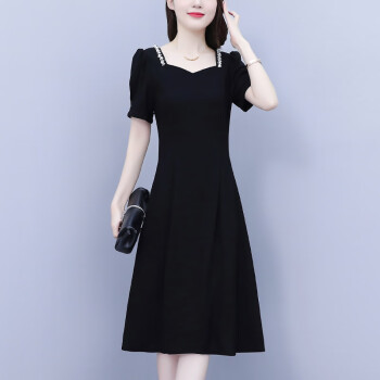 诗兰哥弟菲连衣裙女夏季新款大码高贵洋气显瘦高端精致气质裙子 黑色 L