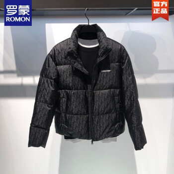 罗蒙（ROMON）羽绒服男时尚潮牌短款2023冬季新款黑色字母提花ins工装加厚外套 62J印花羽绒服 S