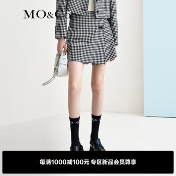 MO&Co.春季解构拼接千鸟格高腰裙裤短裤MBB1SKTT03摩安珂 黑白格色 XS/155