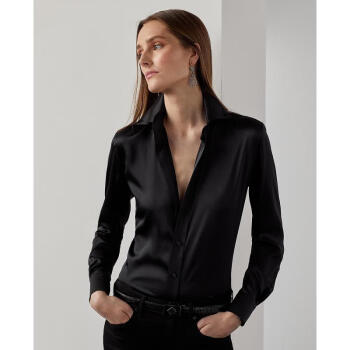 拉夫劳伦（Ralph Lauren）女士Cameron 奢华直筒桑蚕丝衬衫 光泽弹性优雅气质商务休闲衬衣 Black 20