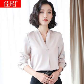 佳昭 衬衫女春夏新款职业装白色衬衣V领女士韩范时尚雪纺缎面上衣长袖衬衣美容师上衣冰子云 香槟色CX衬衫 S