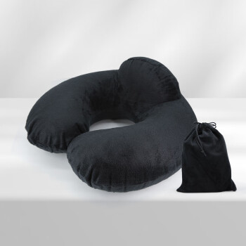 适美佳天鹅绒充气枕护颈飞机旅行汽车头枕午睡午休充气枕旅行用品 黑色 充气枕收纳袋套装