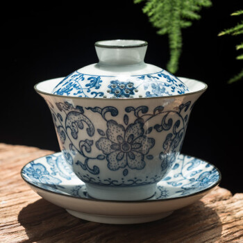 陶迷（TAOMI） 盖碗茶杯 青花瓷大号三才盖碗家用陶瓷功夫茶具大容量单个泡茶碗 盘花盖碗